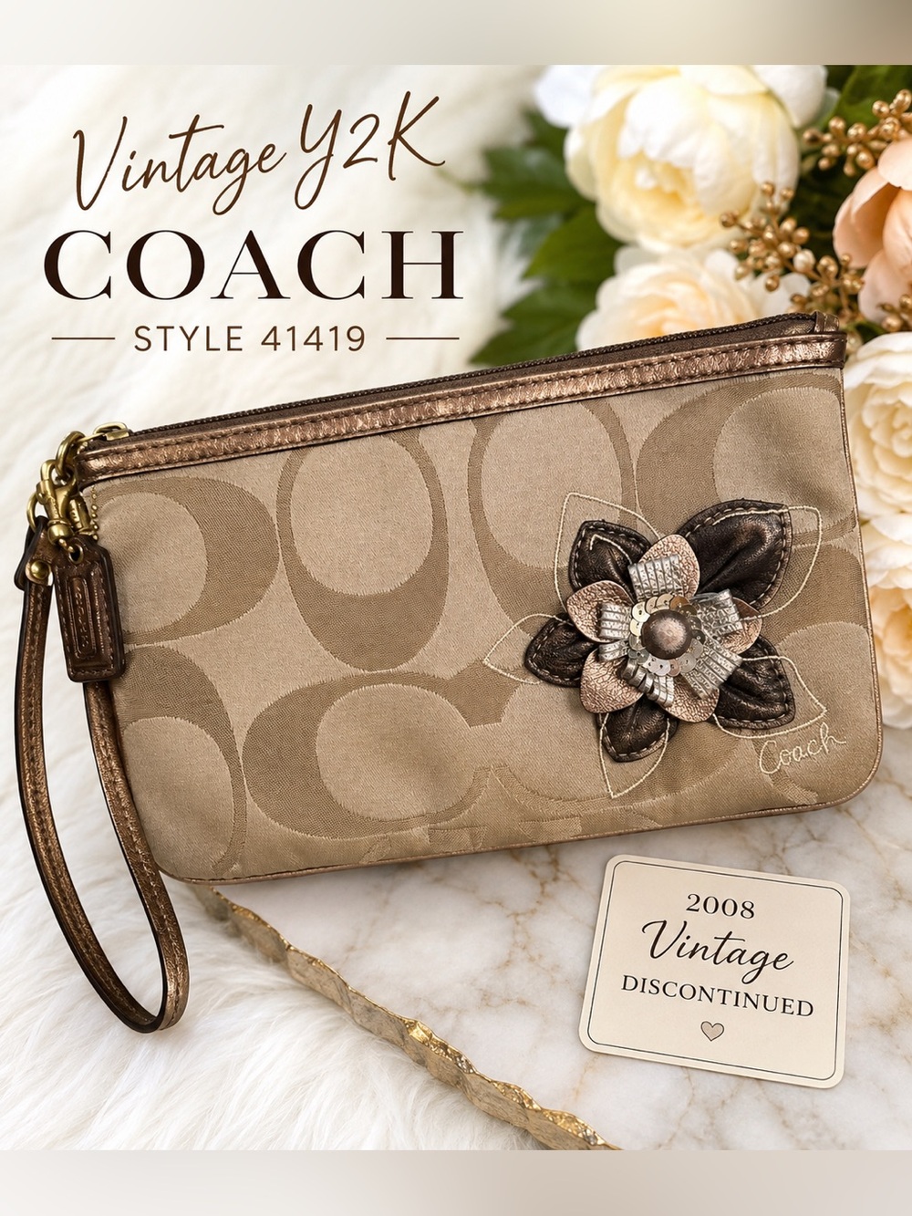 Vintage Coach 41419 EUC Tagged Floral Signature Jacquard Large Wristlet Y2K 2008